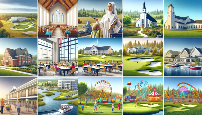 DALL·E 2024-01-04 15.34.18 - A collage showcasing diverse types of properties_ schools, churches, hospitals, golf courses, and amusement parks. Each section of the image represent