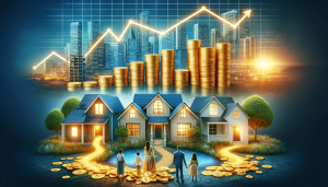 DALL·E 2024-01-04 15.55.24 - An inspiring image showcasing long-term wealth building with real estate. The image is divided into three sections. The first section depicts a series