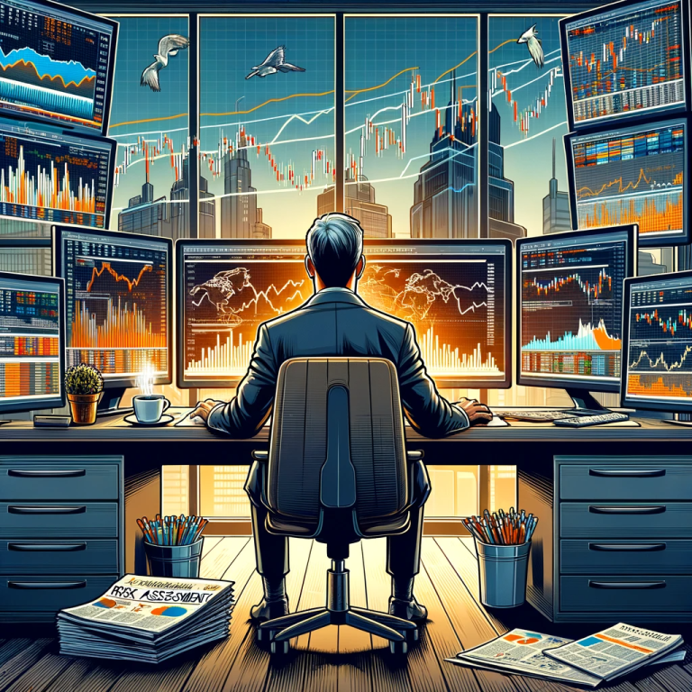 DALL·E 2024-01-03 11.57.48 - An illustration depicting the concept of risk assessment in volatile markets. The scene shows a person sitting at a desk, surrounded by multiple compu